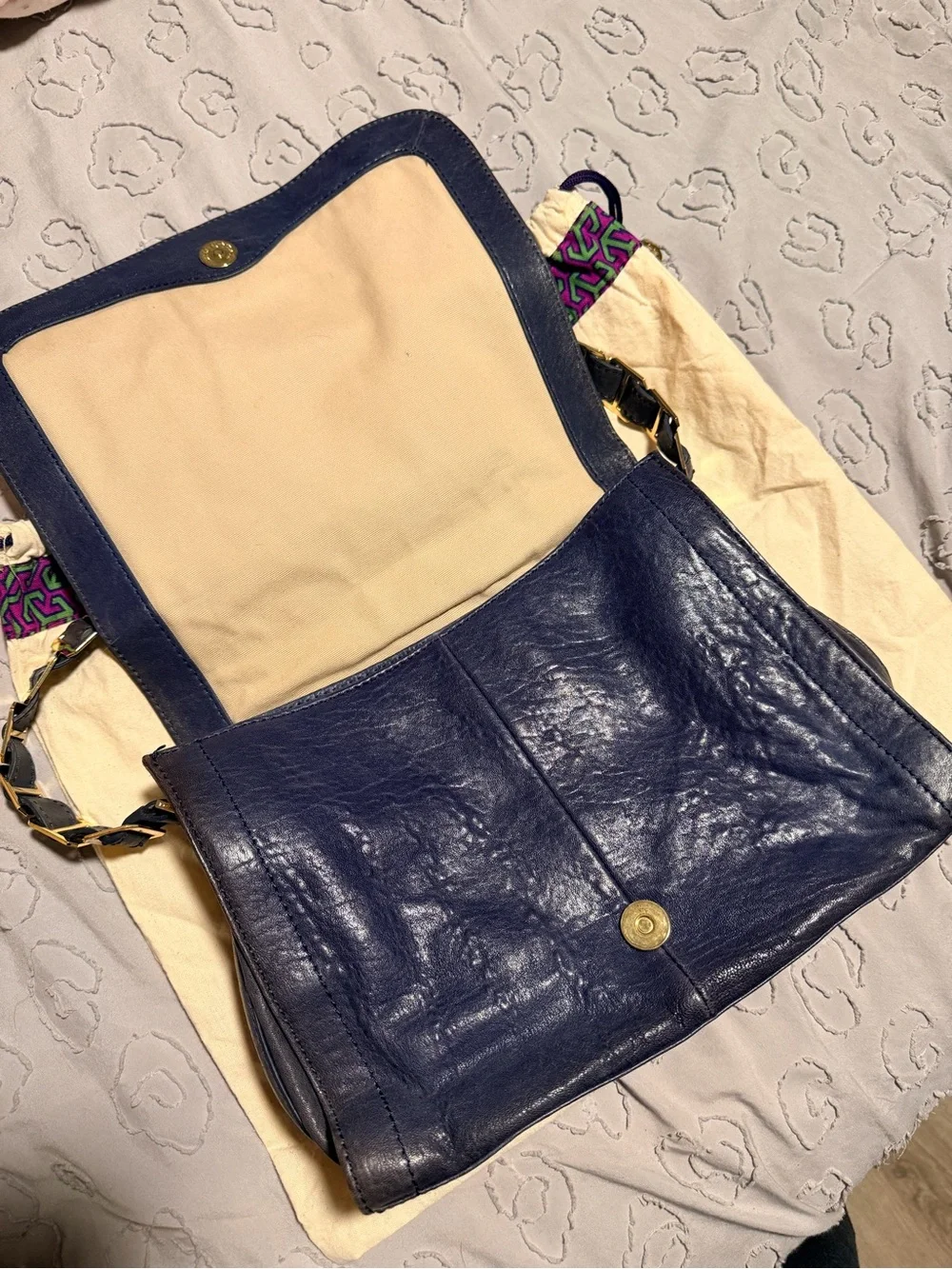 Tory Burch Dark Navy Leather Messenger Bag with Gold Logo